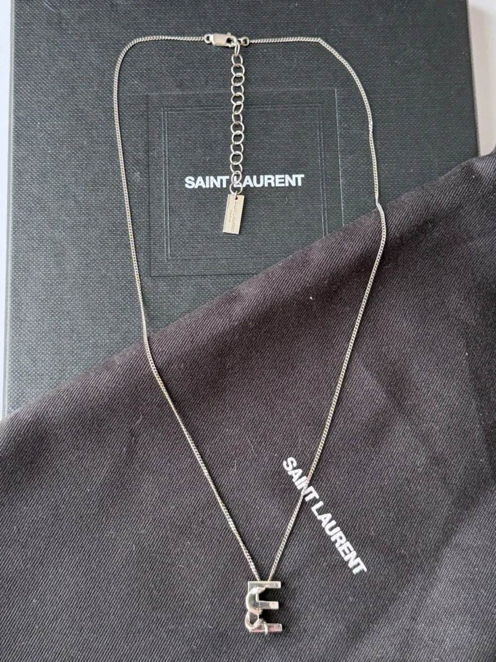 Saint Laurent YSL Sterling Silver E Initial Letter Snake Pendant Chain Necklace